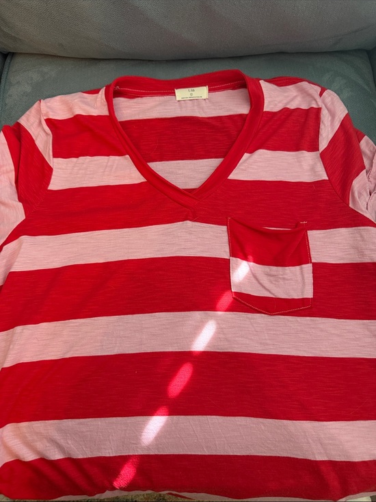 Anthropologie Tops - Anthropologie Red & Light Pink Striped V-Neck Pocket Tee